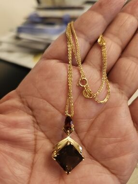 14KT YELLOW GOLD PRINCESS CUT SMOKY QUARTZ CITRINE PENDANT +14KT SOLID NECKLACE